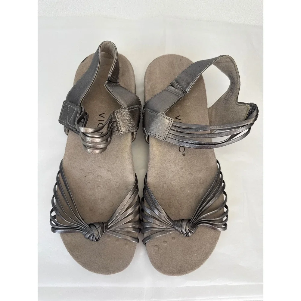 Vionic Strappy Sandals Womens 9 Pewter Metallic Orthotic Comfort Boho